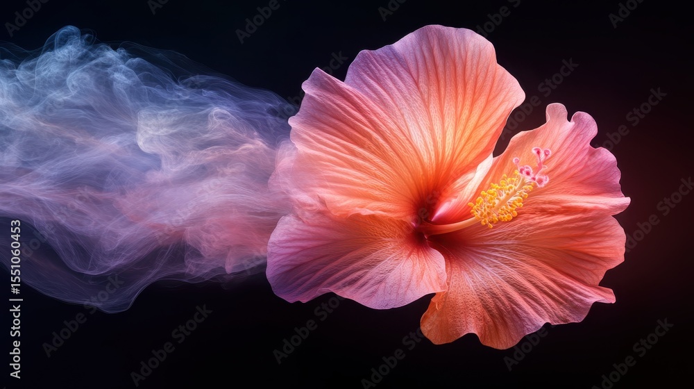 Fototapeta premium A stunning hibiscus flower emerges against a dark background, surrounded by wispy smoke, capturing beauty and the ephemeral nature of life.