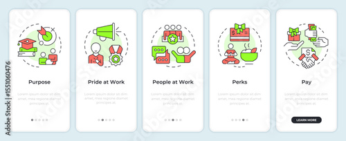 5P of employee fulfillment onboarding mobile app screen. Walkthrough 5 steps editable graphic instructions with linear concepts. UI, UX, GUI. Montserrat SemiBold, Regular fonts used