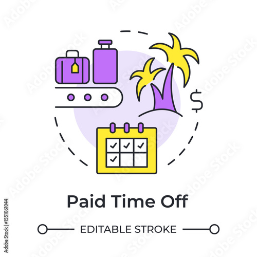 Paid time off multi color concept icon. Vacation, travelling. Resort, tourism. Monthly planner. Round shape line illustration. Abstract idea. Graphic design. Easy to use in article, blog post