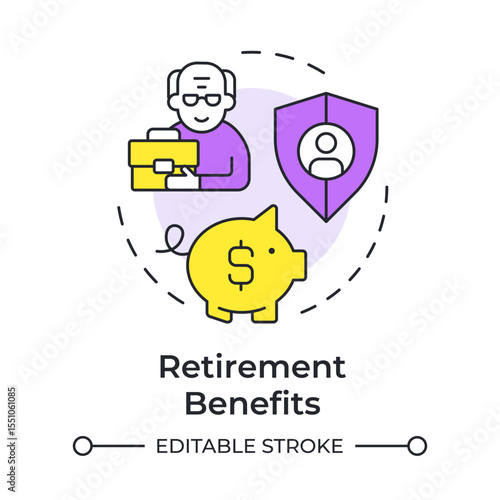 Retirement benefits multi color concept icon. Financial planning, investment. Pension, savings. Round shape line illustration. Abstract idea. Graphic design. Easy to use in article, blog post