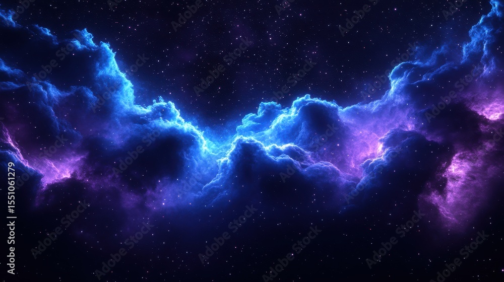 Fototapeta premium Mystical blue and purple nebula glowing stars in a cosmic digital art environment