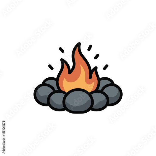 Cartoon illustration of a campfire with orange and yellow flames surrounded by gray stones on a white background simple design campfire icon bonfire symbol camping fire pit