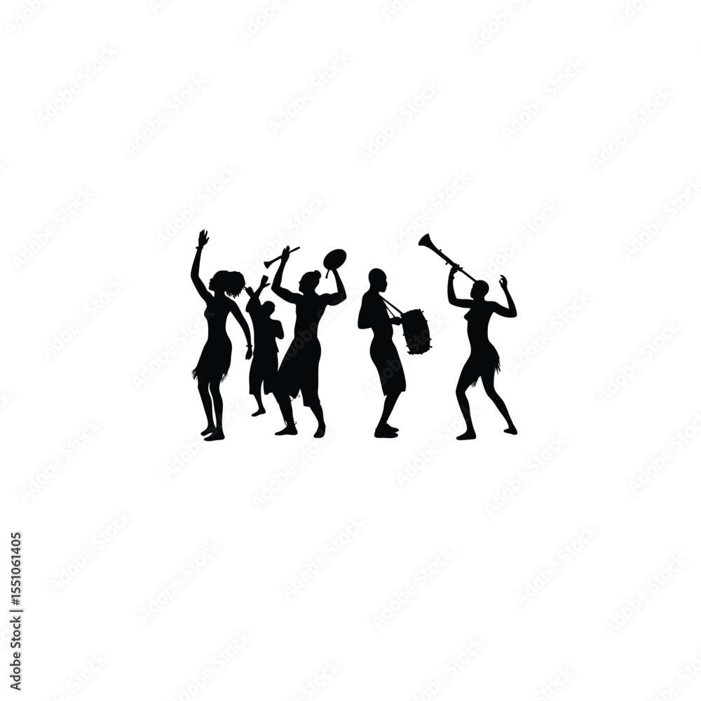 Obraz premium Silhouette of a group celebrating with traditional music and dance on white background