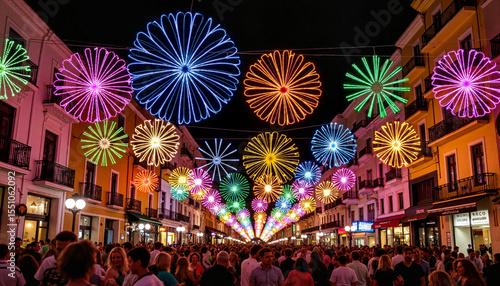 Lively crowd celebrating festive Argentine decorations, urban nightlife