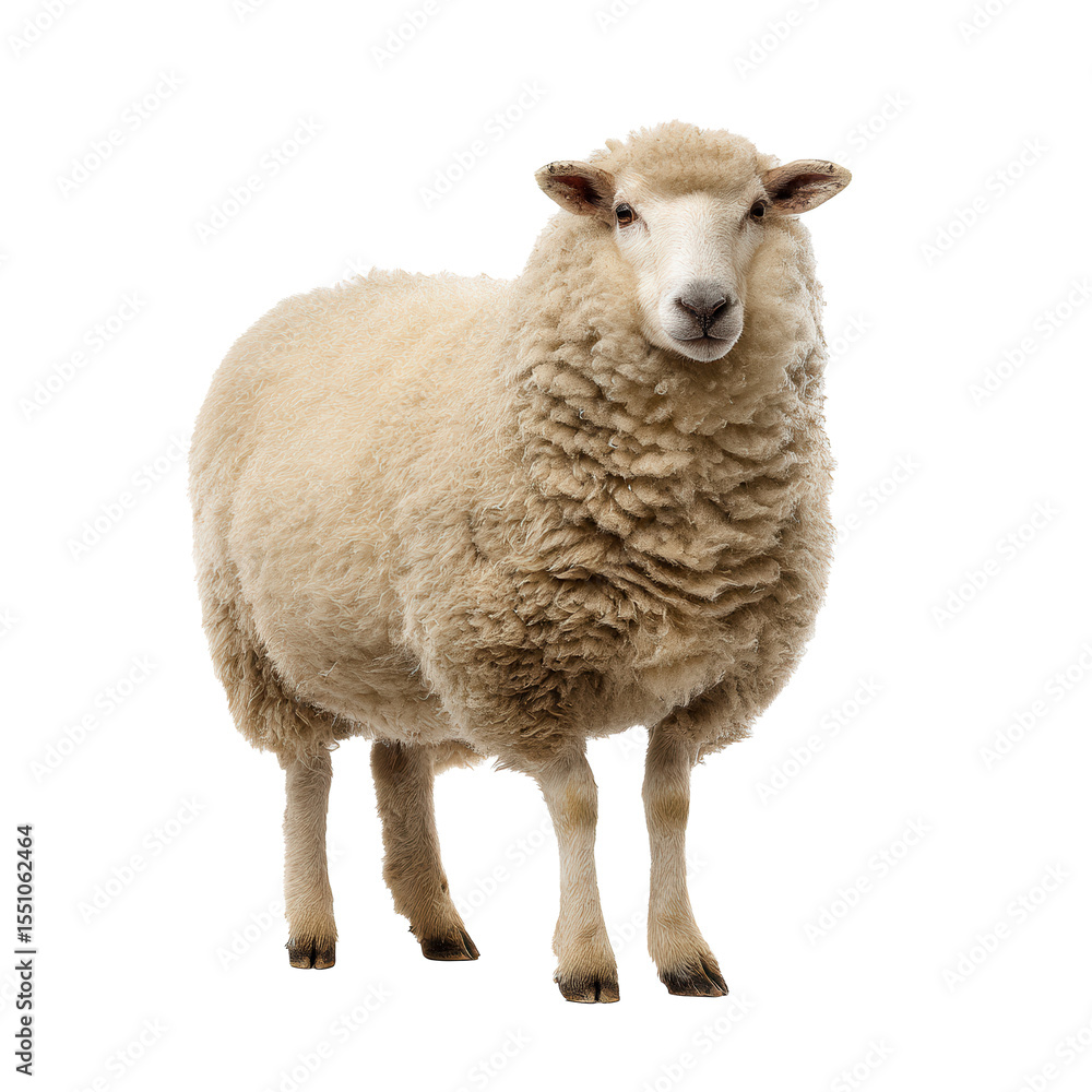 Isolated sheep stands confidently against a pristine white background showcasing its unique wool texture and serene demeanor Isolated sheep stands confidently against a pristine white background showcasing its unique wool texture and serene demeanor