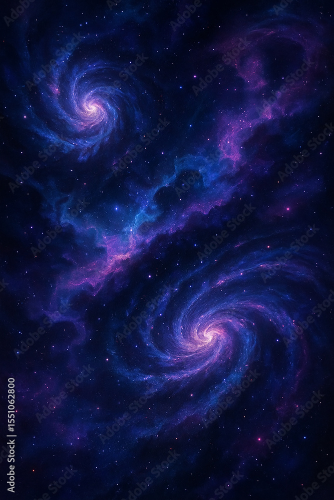 Obraz premium Abstract cosmic background with swirling galaxies, stardust particles, deep space purples and blues, glowing nebula textures, high-contrast sci-fi theme with ambient lighting