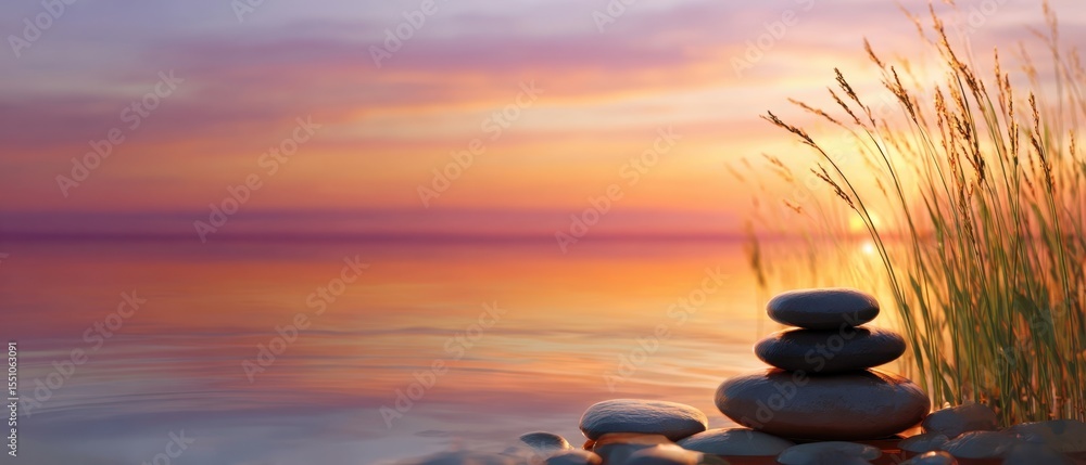 Obraz premium The serene arrangement of stones by a tranquil water at sunset