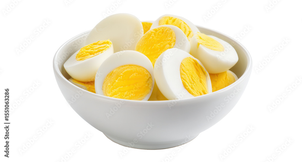 Sliced hard-boiled eggs arranged in a white bowl with vibrant contrast on a clean backdrop for culinary inspiration Sliced hard-boiled eggs arranged in a white bowl with vibrant contrast on a clean backdrop for culinary inspiration
