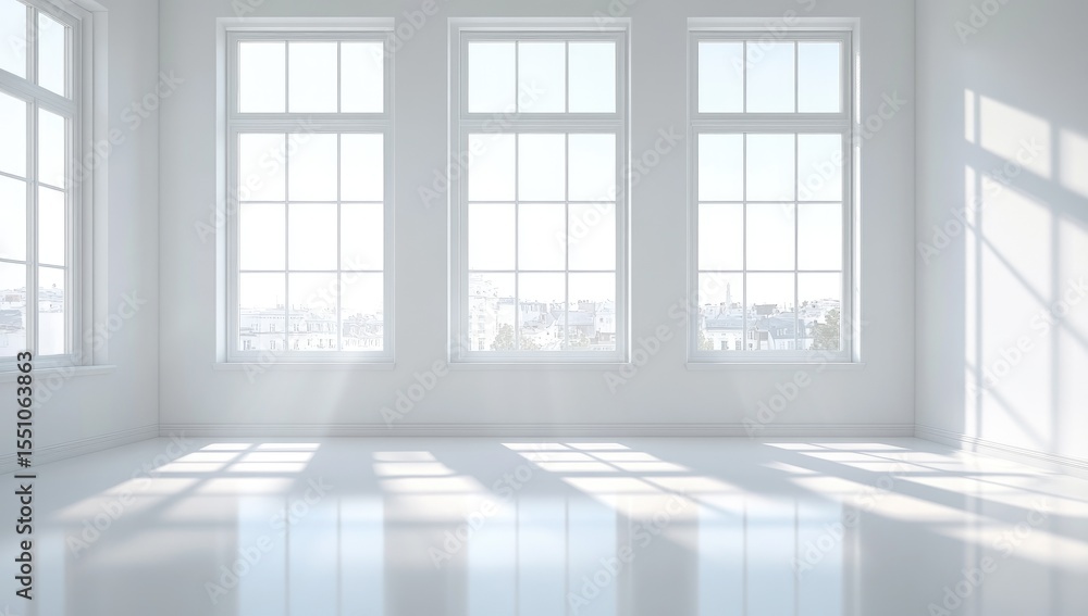 Fototapeta premium White room with large windows, city view. Sunlight casts shadows
