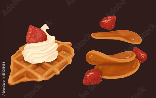 breakfast with strawberry topping in pencil color style