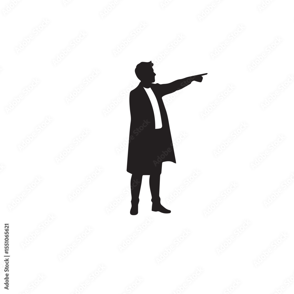 Vector art of silhouette of a man in a coat pointing to the right, isolated on white background Vector art of silhouette of a man in a coat pointing to the right, isolated on white background