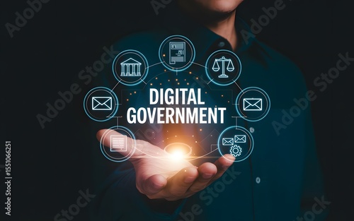 Digital government concept businessman presenting technological icons connecting services