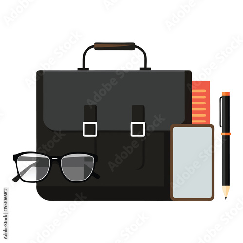 A briefcase and notebook and some office supplies