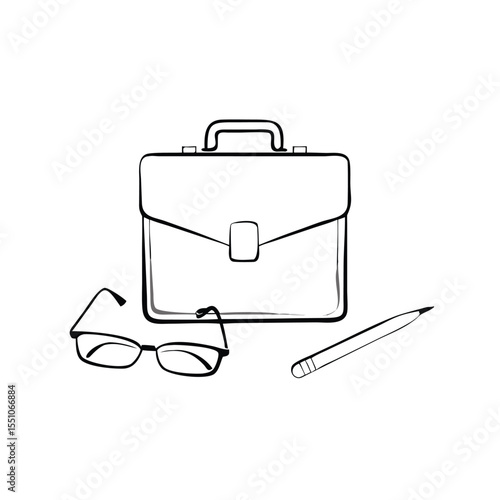 A briefcase and notebook and some office supplies line art icon with white background.