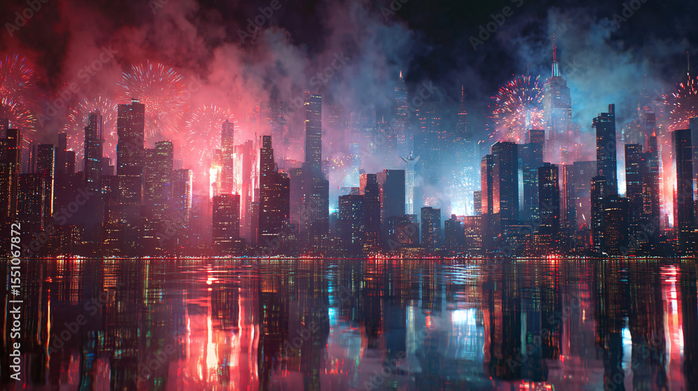 Obraz premium Festive Night Cityscape with Fireworks Reflection