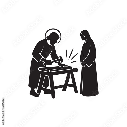Biblical Carpenter Silhouette Vector Illustration.Jesus as a Carpenter Silhouette Vector Illustration of Biblical Figure Working with Tools in Humble.