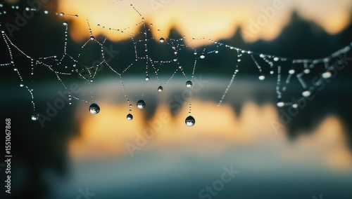 Dew-kissed spiderweb at dawn over a pond