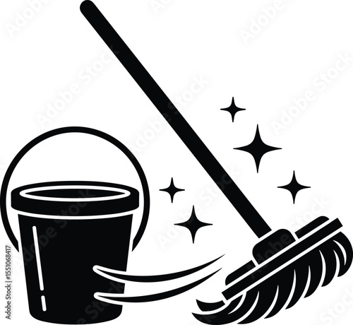  Dynamic black and white illustration of a broom sweeping sparkling clean streaks beside a full bucket, symbolizing cleaning, tidiness, hygiene, and household chores.