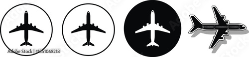 Collection of four airplane icons and symbols, illustrating travel, flight, aviation, transport, tourism, holiday, journey, and global business connections.