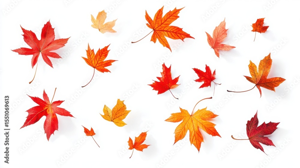 Falling autumn maple leaves in red, orange and yellow colors on white background with light and shadow Falling autumn maple leaves in red, orange and yellow colors on white background with light and shadow
