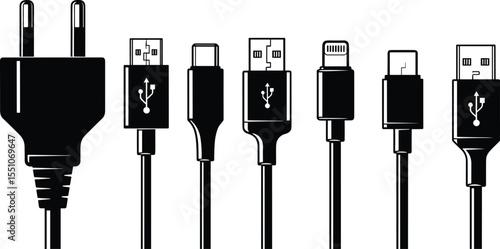 Collection of various black and white power and USB connector icons including plug, micro USB, USB-C, lightning, and standard USB, representing connectivity and charging technology.
