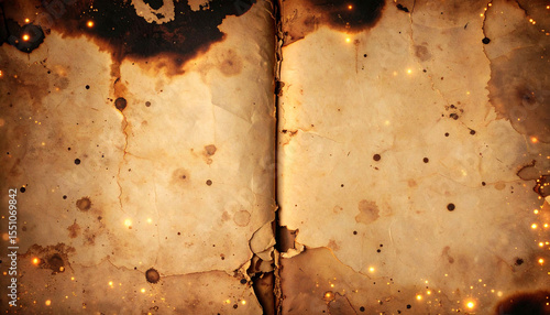 An open, aged book with scorched, stained pages and glowing embers, suggesting a mystical or ancient artifact