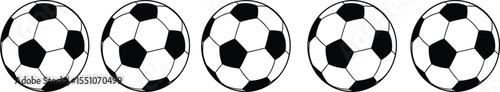 Row of five classic black and white soccer balls with hexagonal and pentagonal patterns, symbolizing teamwork, sports, competition, global game, and athletic passion.