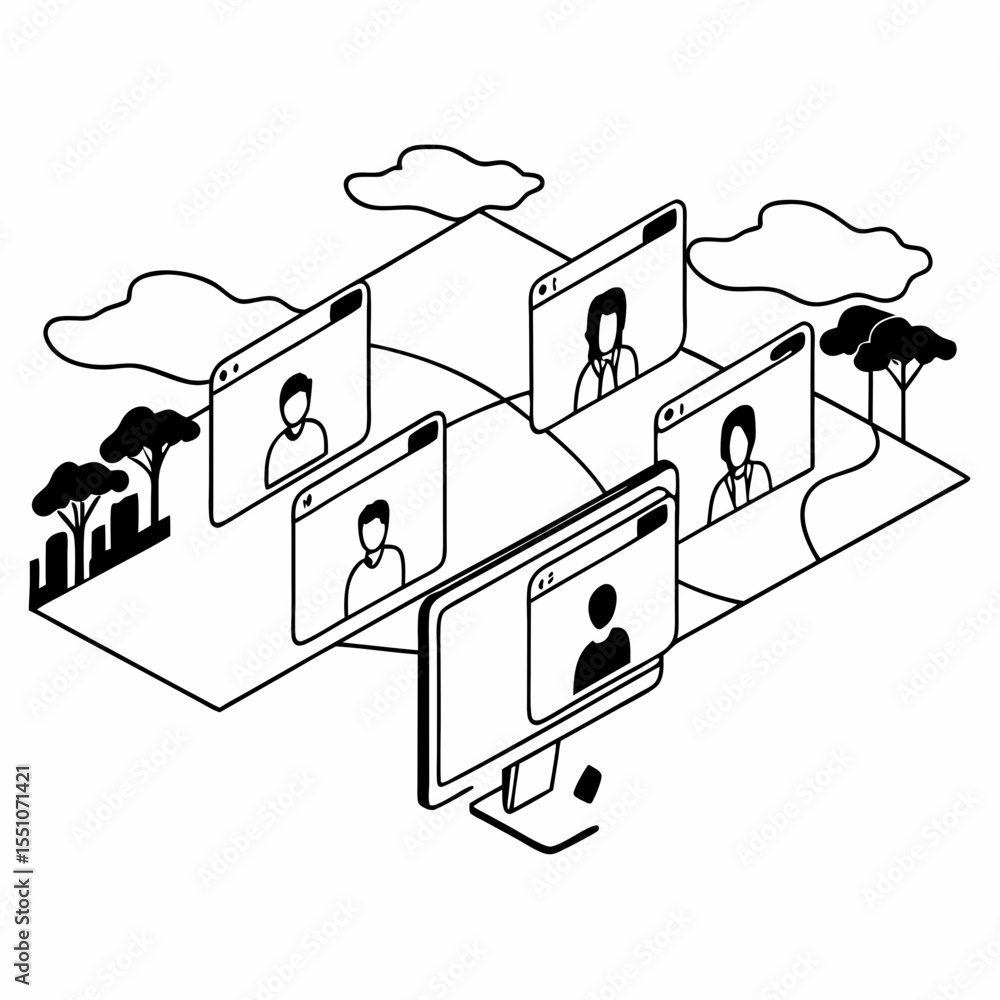 Naklejka premium Isometric Global Remote Team Collaboration Scene with Cloud Computing and Project Management Apps