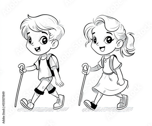 Children walking with a wal...
