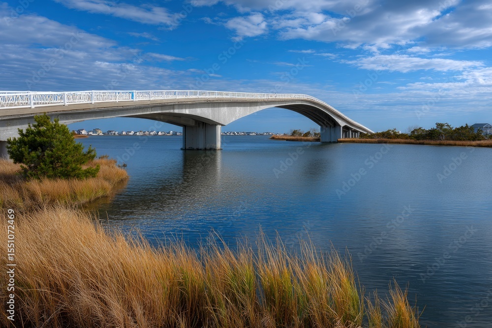 Fototapeta premium Concrete bridge spans water connecting land with marsh grass in foreground under a blue sky