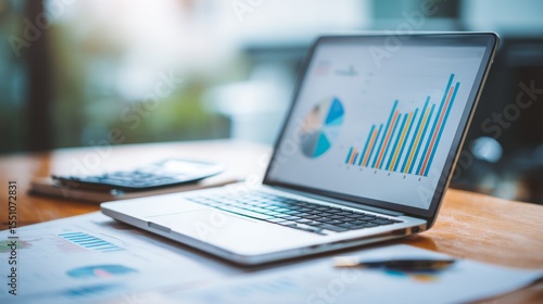 A laptop displaying colorful graphs and charts on a wooden desk.