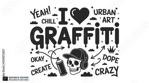 Urban art graffiti design vector illustration with skull spray cans and cool text for creative projects