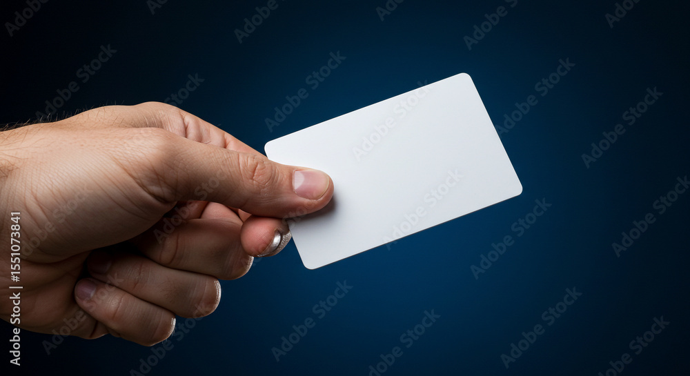 Obraz premium Hand holding a blank white card mockup on blue background