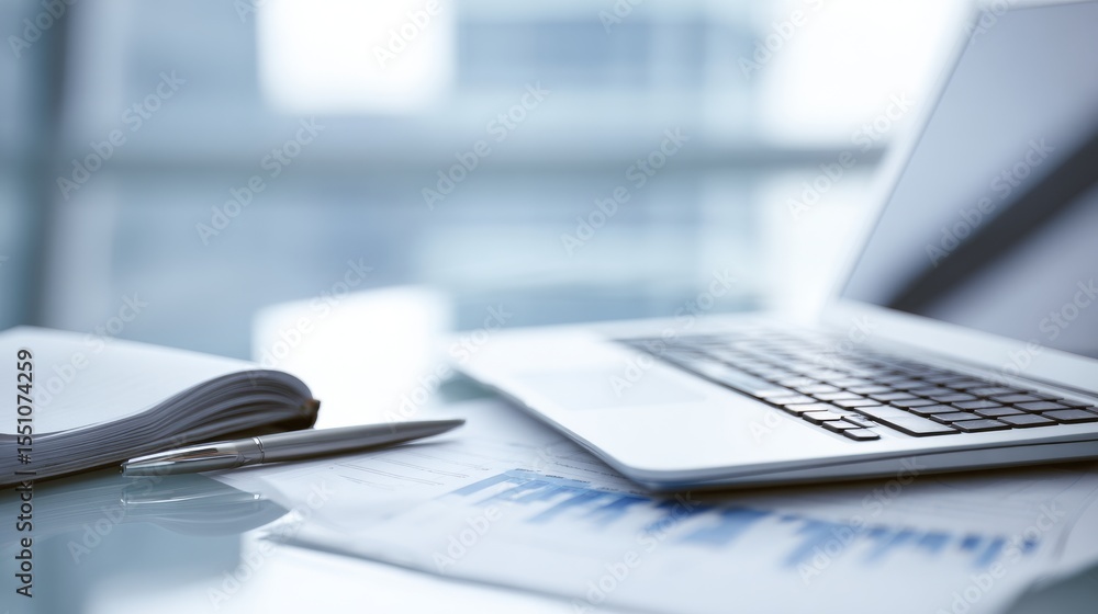 A modern workspace with a laptop, notebook, and documents on a sleek desk. A modern workspace with a laptop, notebook, and documents on a sleek desk.
