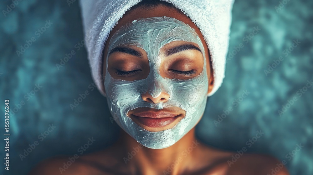 Fototapeta premium A woman with a towel on her head, lying on a blue towel with a green and white facial mask on her face.