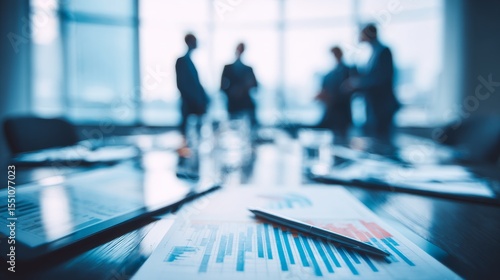 Wallpaper Mural Blurred silhouettes of professionals discussing data and charts in a modern office. Torontodigital.ca