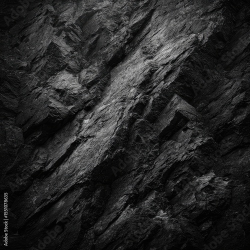 Monochromatic close-up of a rugged, dark, slate-like rock face, showing texture and depth through shadows and angles
