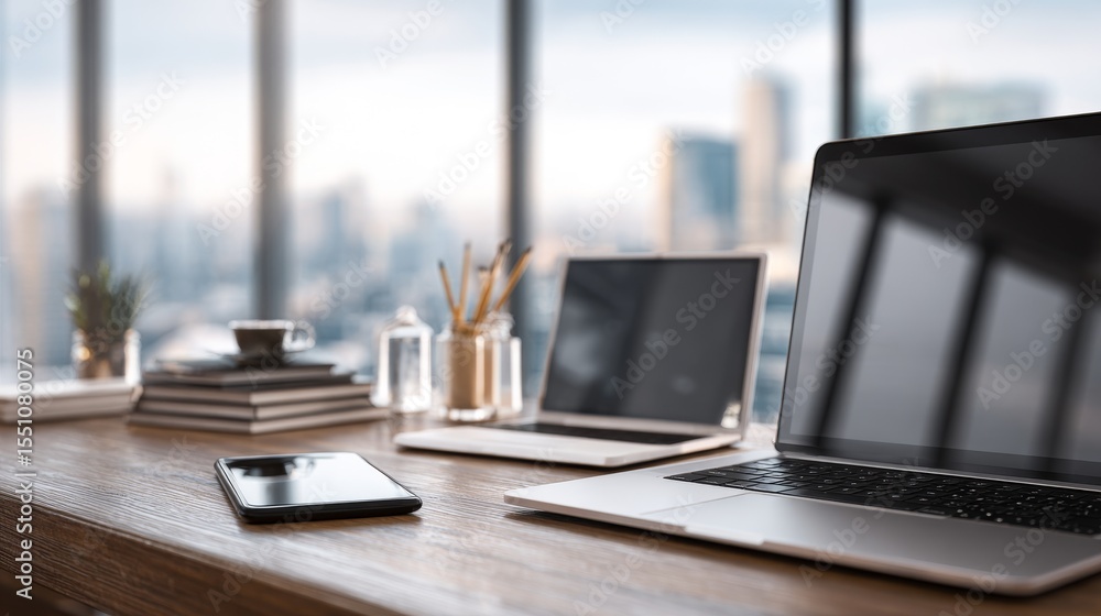 Modern office workspace with laptops, smartphone, and stationery on a wooden desk. Modern office workspace with laptops, smartphone, and stationery on a wooden desk.