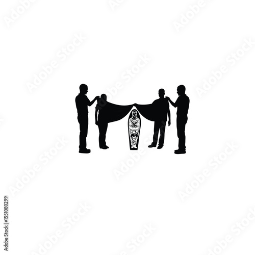 Silhouette of a group unveiling an ancient archaeological artifact on white background