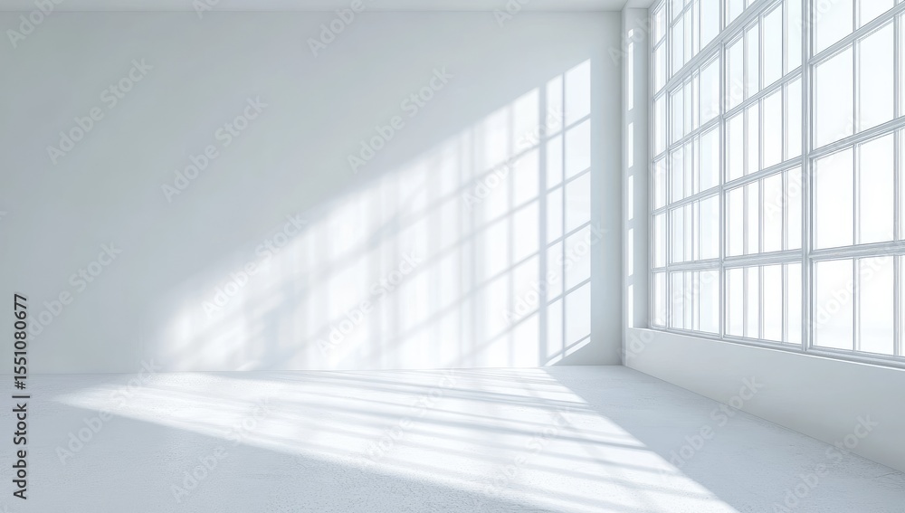 Empty white room with large window. Sunlight casts shadows Empty white room with large window. Sunlight casts shadows