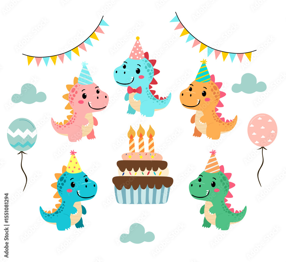 Fototapeta premium Cute Dinosaur Birthday Party Vector Set