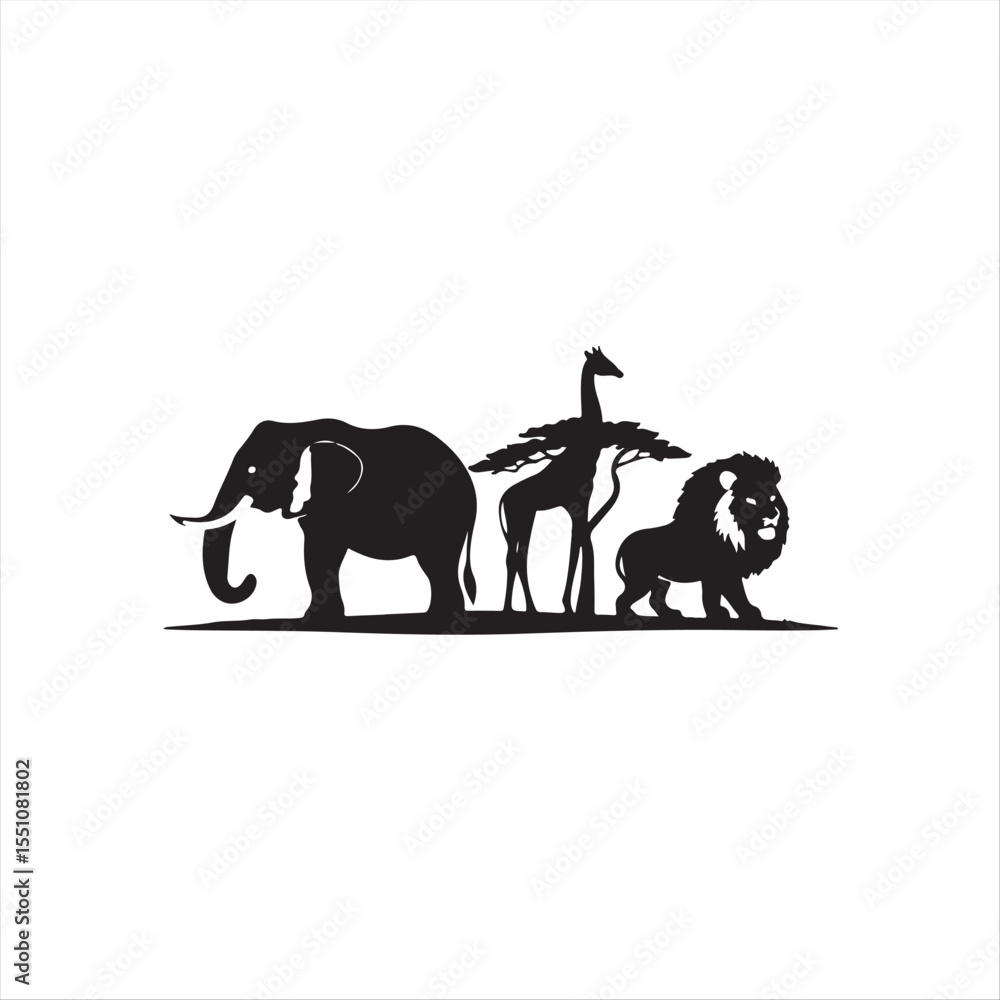 Obraz premium Elegant black and white vector silhouette logo stylized elephant, giraffe, lion, and acacia tree in a balanced horizontal composition.