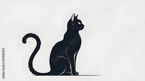 elegant black cat silhouette, side view of sitting cat with head turned back gracefully, long curled tail