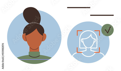 Profile verification with user avatar and biometric facial recognition system interface. Ideal for security, technology, identity, authentication, account access, biometrics, simple flat metaphor