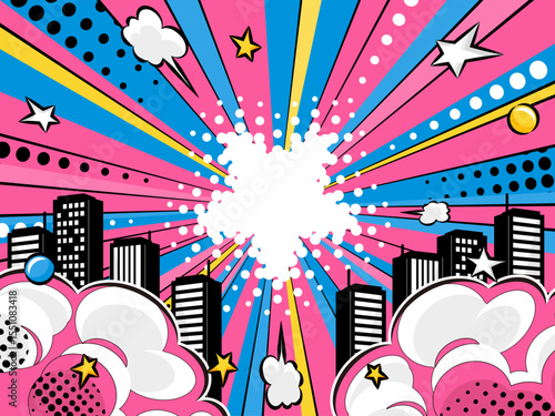 Dynamic Urban Pop Art Backdrop - Colorful Comic Book Style Cityscape