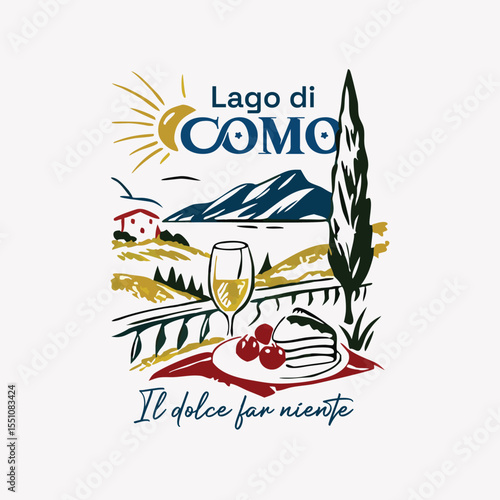 Watercolor hand painting itali sketch. beach graphic t shirt print design. Beach paradise resort. Endless summer artwork. Lago di como italian words typograpy t shirt. Food print t-shirt design. 