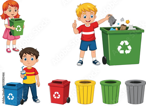 Cartoon children recycling waste, sorting garbage into colored bins, eco education, environmental awareness, clean planet habits for kids illustration

 flat vector illustration