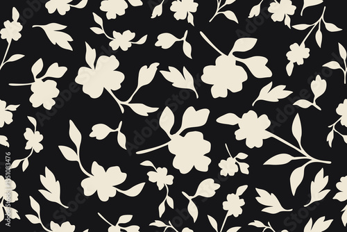 Minimal floral pattern with soft cream flowers and leaves on a deep black background elegant and timeless design perfect for fabric, fashion, and home décor.