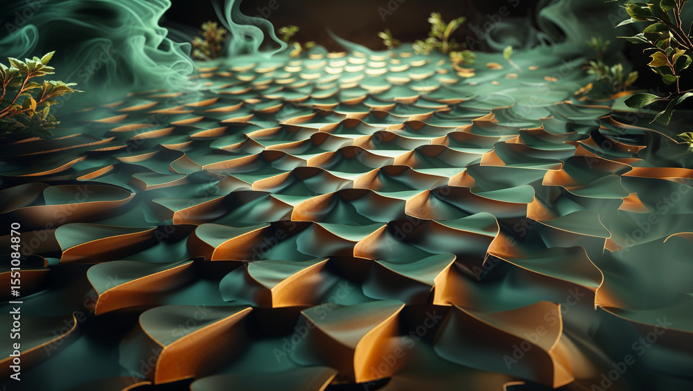 Fototapeta premium Abstract artistic rendering of a textured surface resembling scales with green hues and light