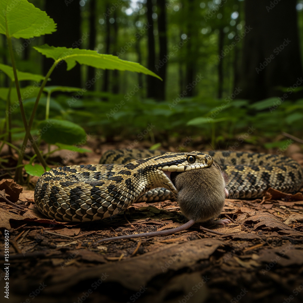 Naklejka premium A snake biting, eating a mouse